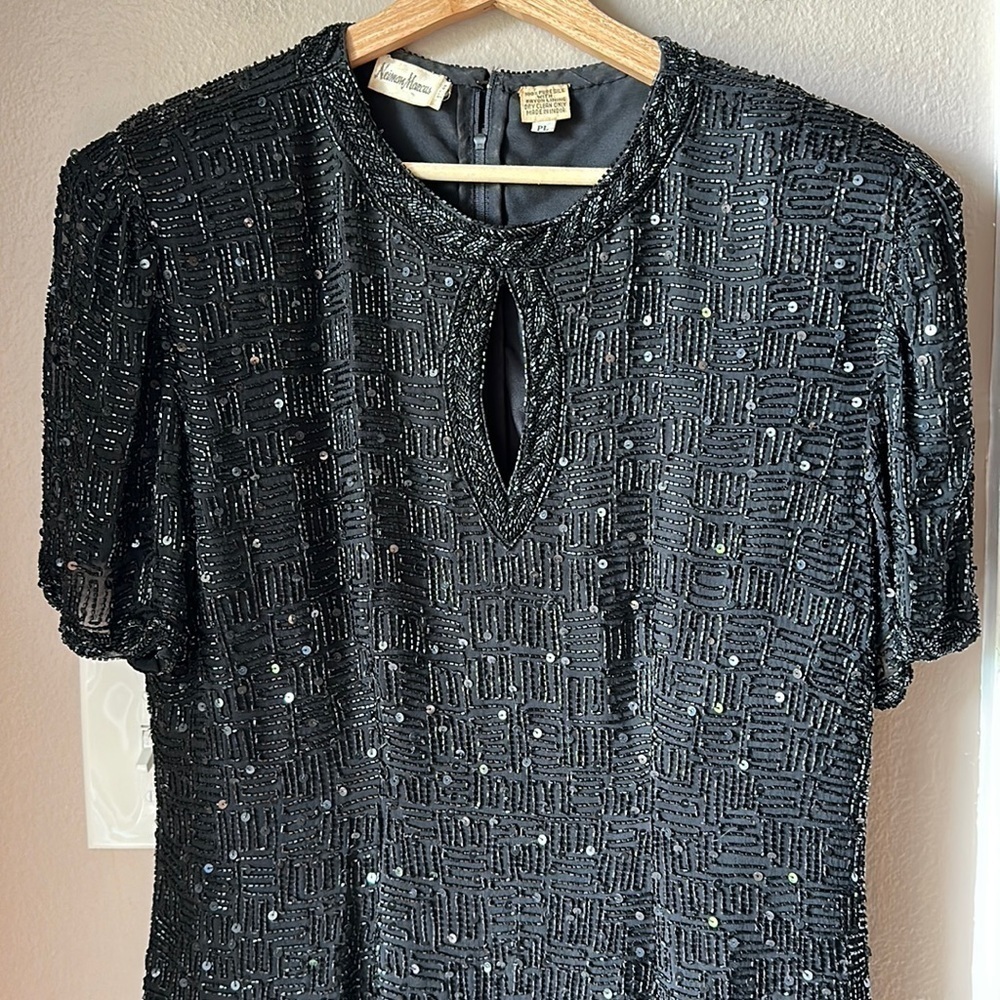 Vintage NEIMAN MARCUS Beaded Silk Short Sleeve Keyhole Mini Dress